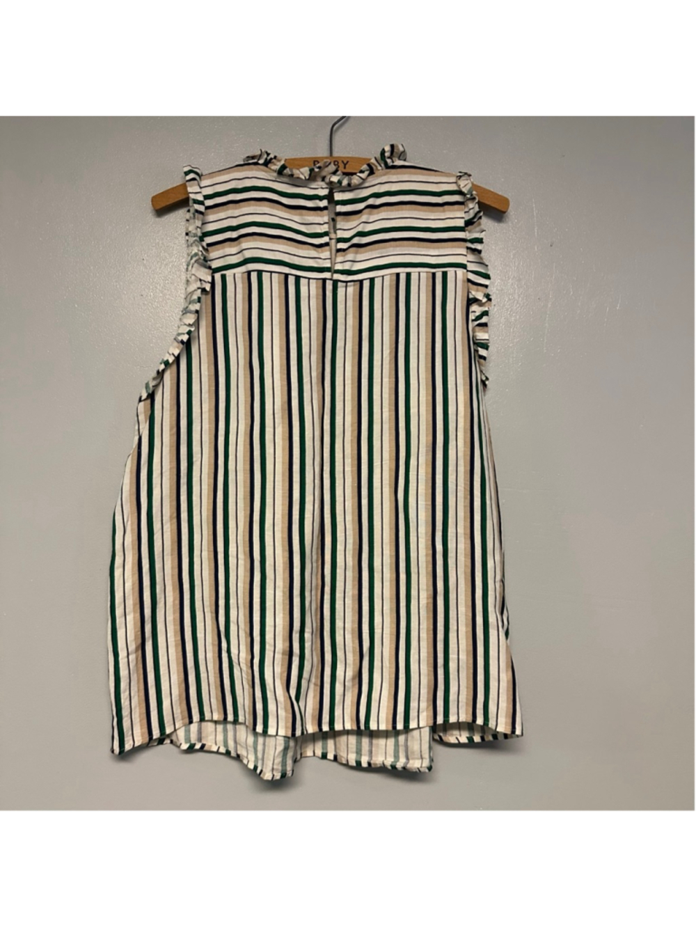 Ann Taylor Factory size medium Striped Ruffle Blouse White Green mock neck - Picture 7 of 7